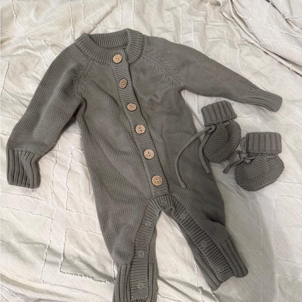 Cozy Gray Knit Baby One Piece with booties